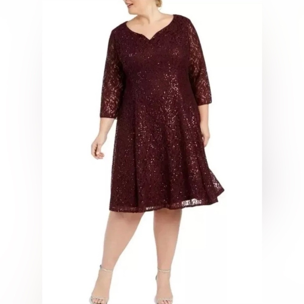SLNY Burgundy Lace Long Sleeve A-Line Dress